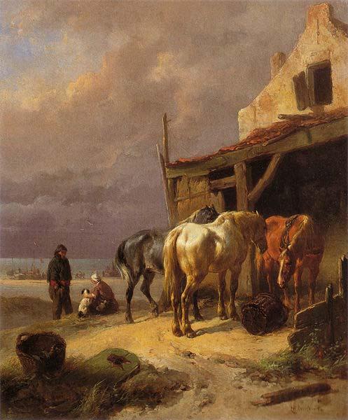 Wouterus Verschuur Draught horses resting at the beach France oil painting art